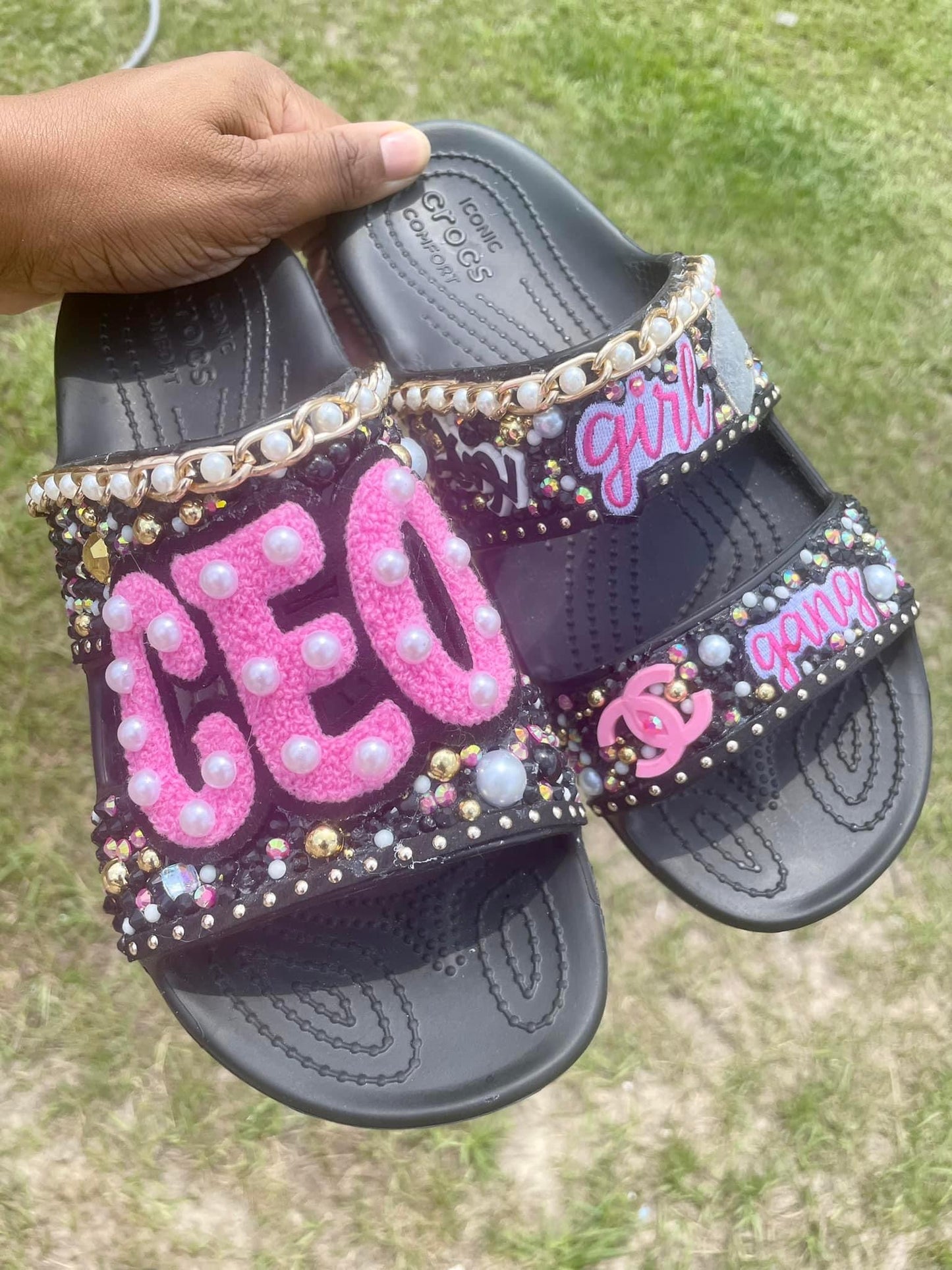 Custom Bling Crocs Black and Pink with Rhinestones