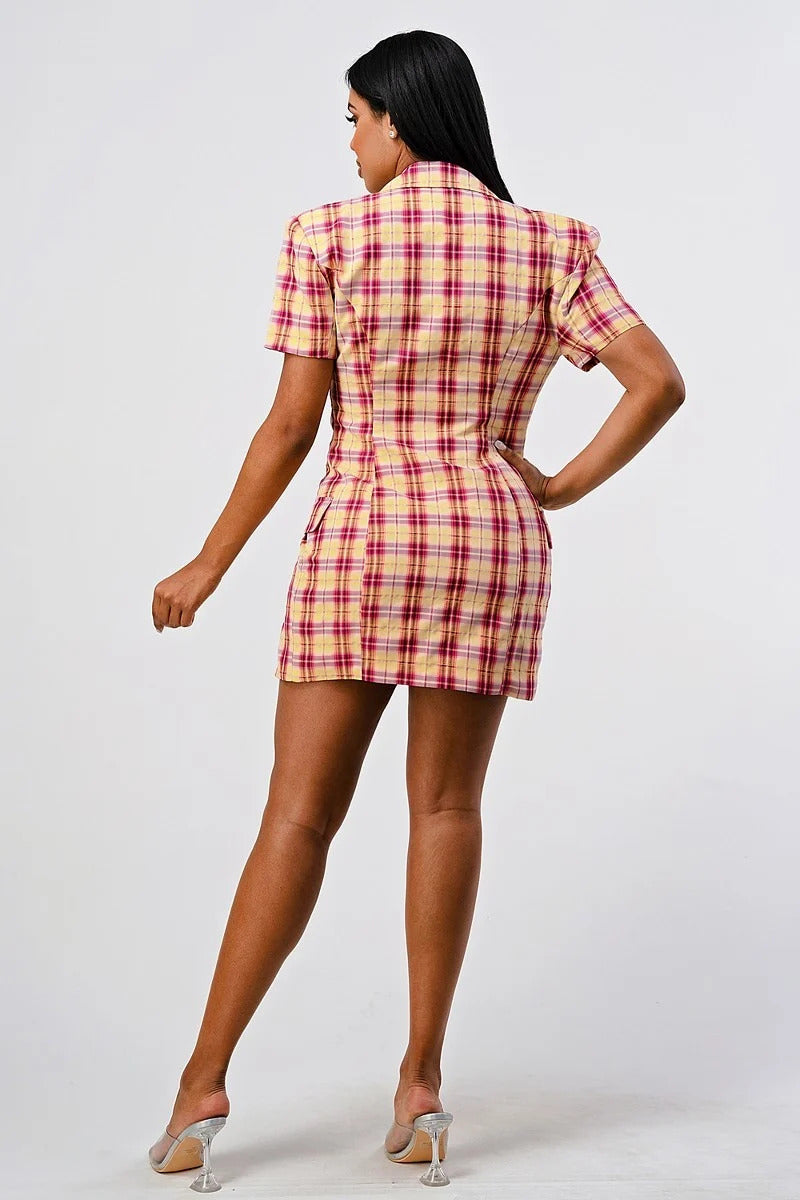 Collared Plaid Blazer Mini Dress with Splits