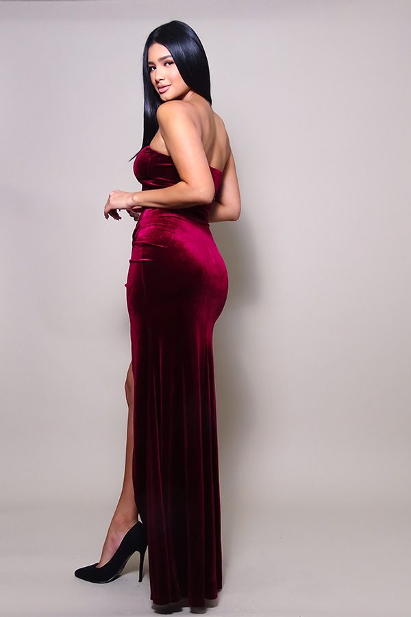 Asymmetrical Strapless Sweetheart Fitted Maxi Velvet Dress