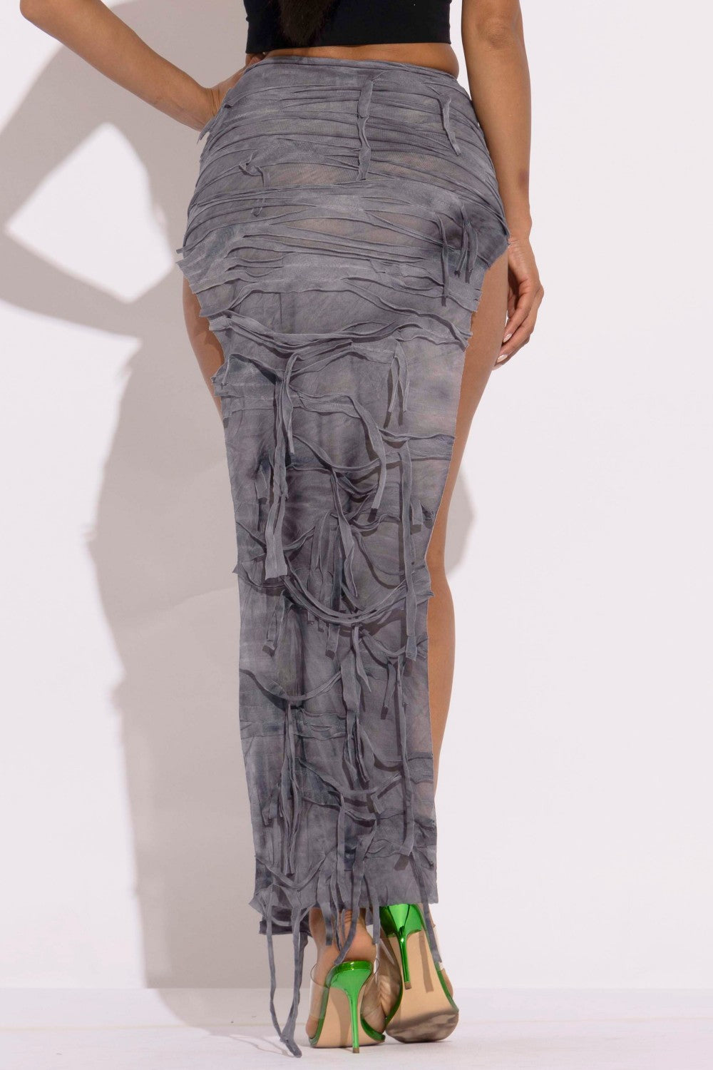Grey Distressed Thigh Slit Long Skirt