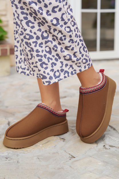Chestnut Contrast Print Suede Plush Lined Snow Boots