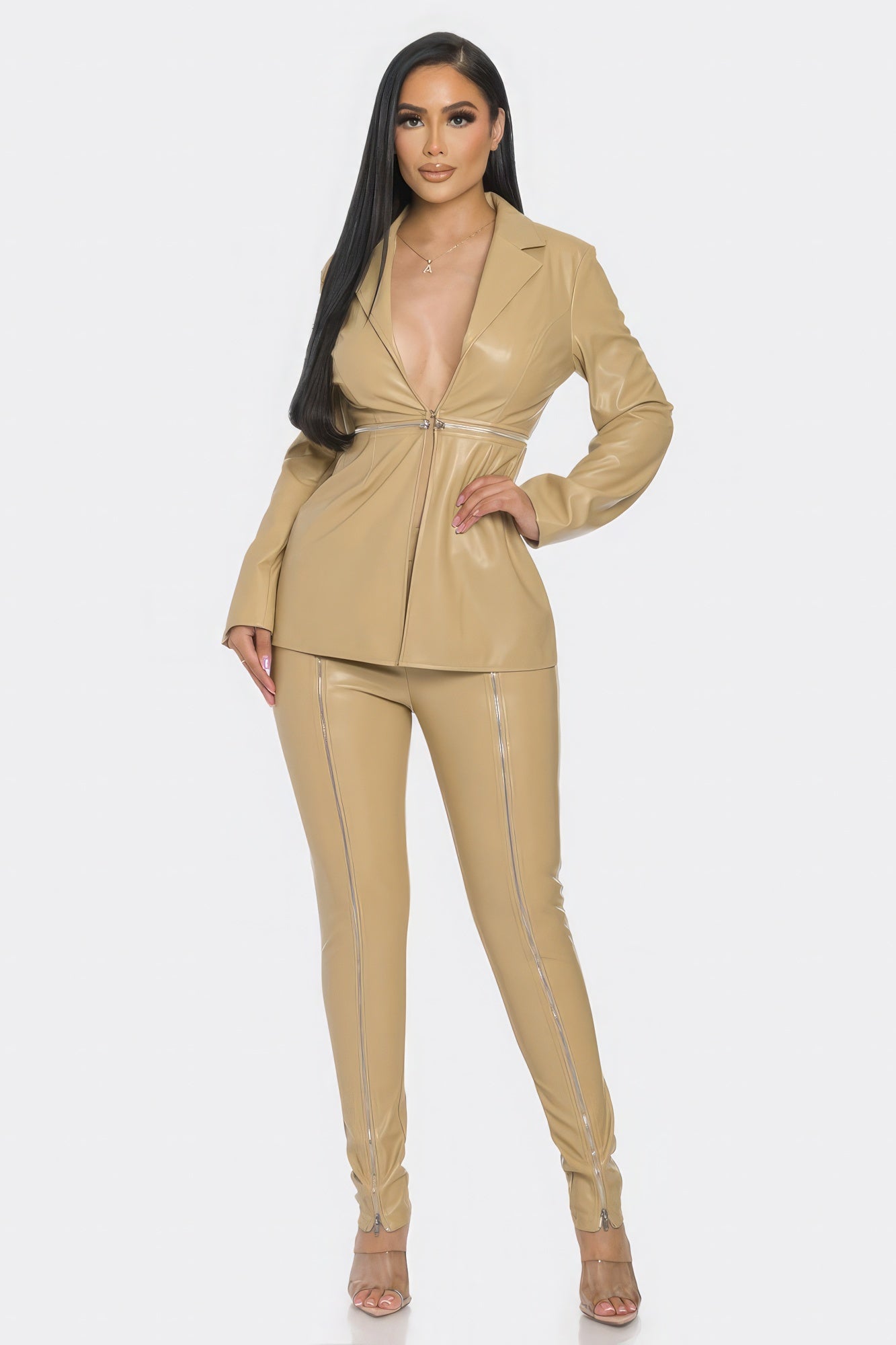 Classy Pu Leather Zipper Top & Pant Set