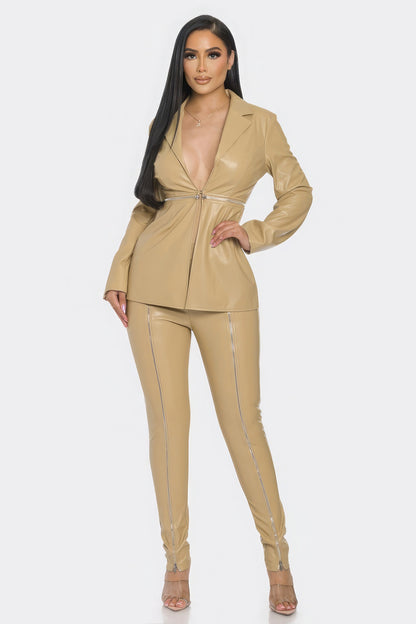 Classy Pu Leather Zipper Top & Pant Set