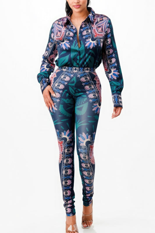 Floral Stretch Shirt Blouse Top And Bottom Set