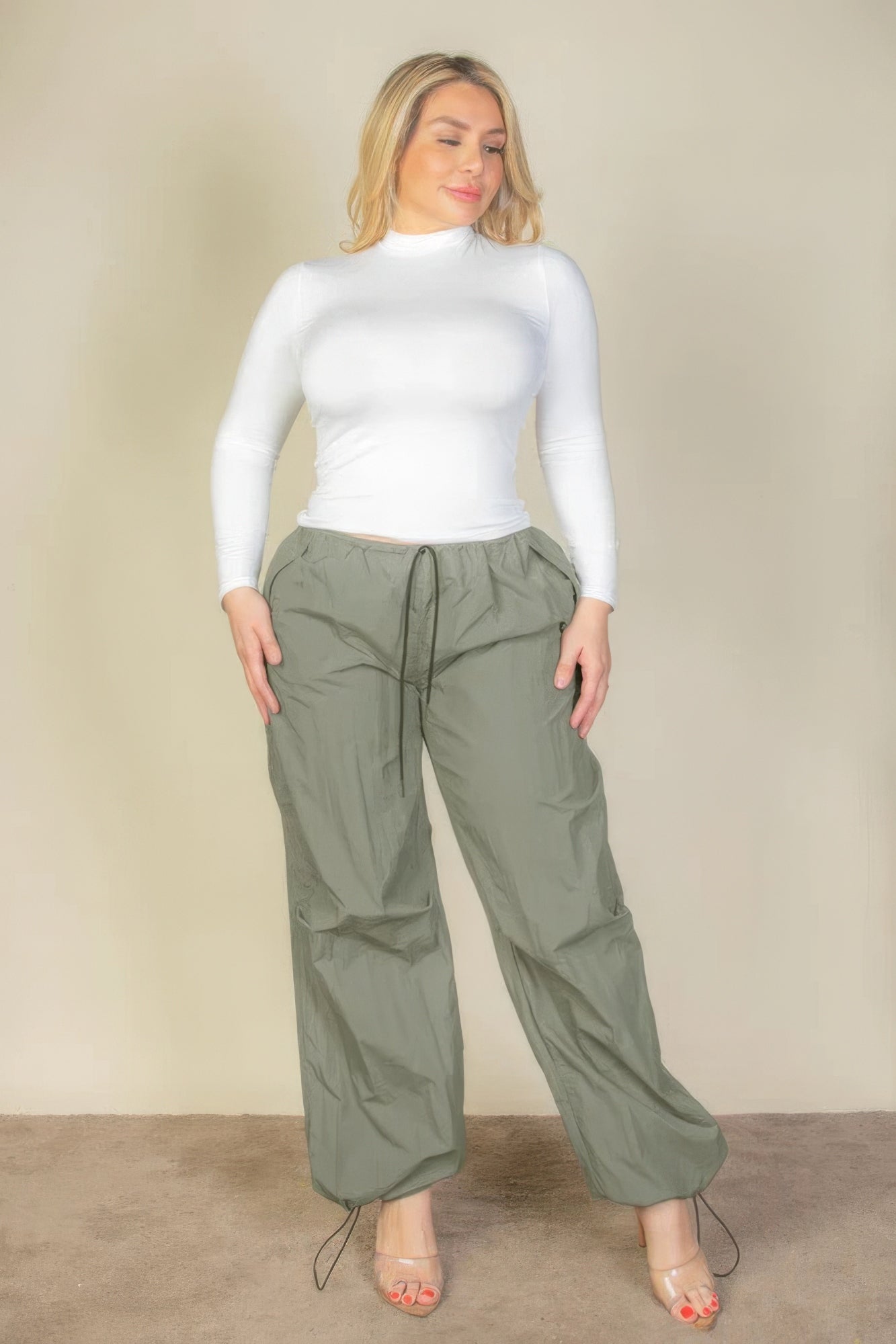 Drawstring Waist Parachute Plus Pants