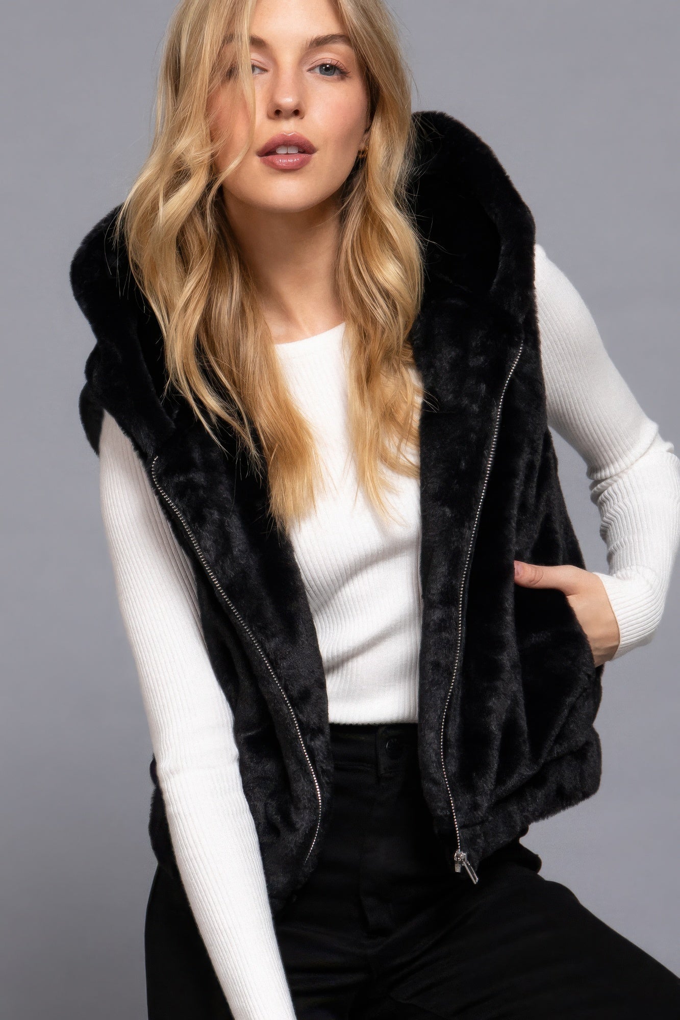 Faux Fur Vest Hoodie
