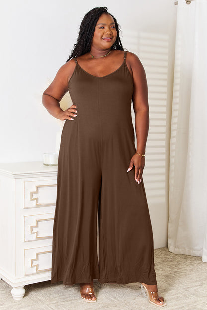 Double Take Spaghetti Strap Tied Wide Leg Jumpsuit