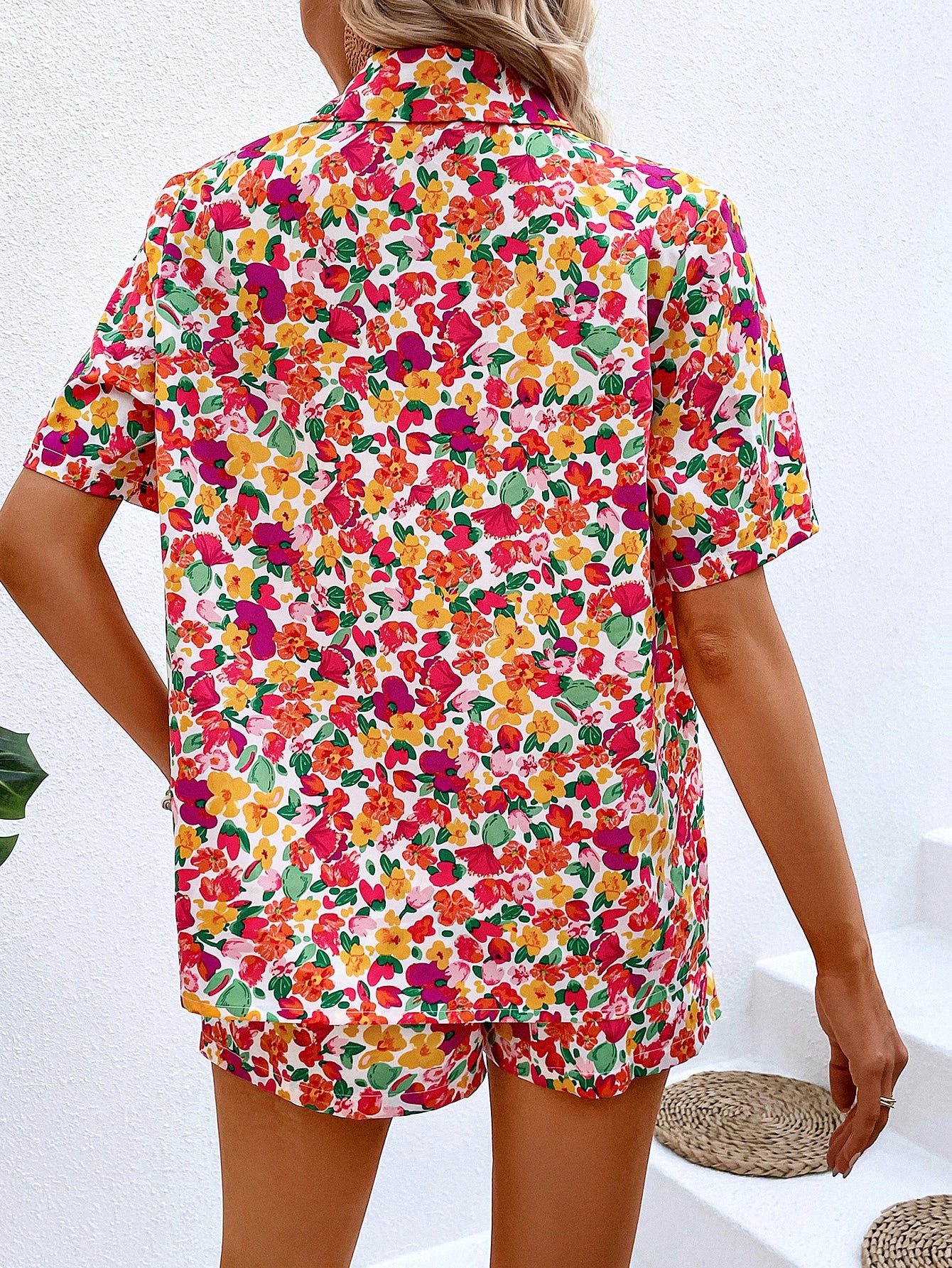 Ditsy Floral Print Open Front Shirt Shorts