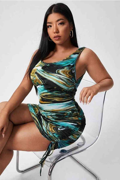 Curvy Printed Drawstring Ruched Dress