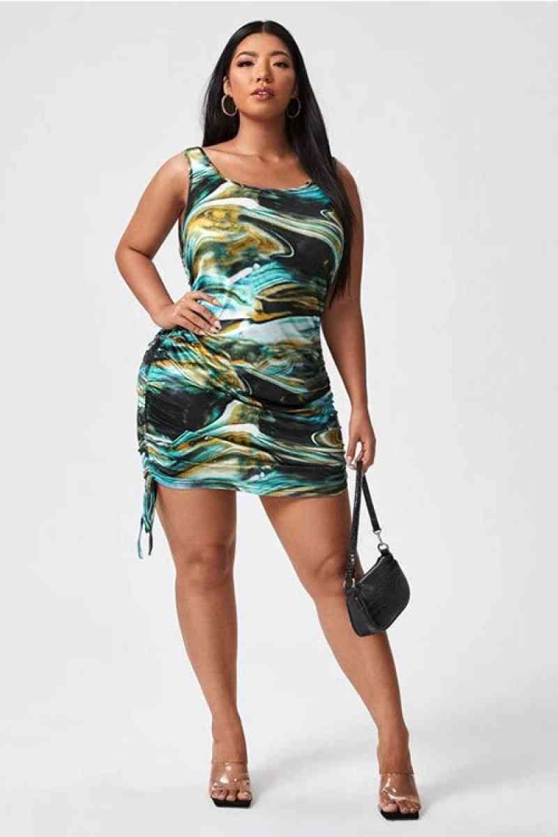 Curvy Printed Drawstring Ruched Dress