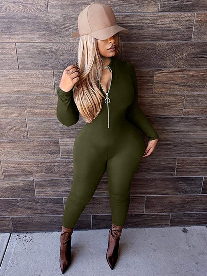 V Neck Zipper Jumpsuit - Jus Fancee Boutique
