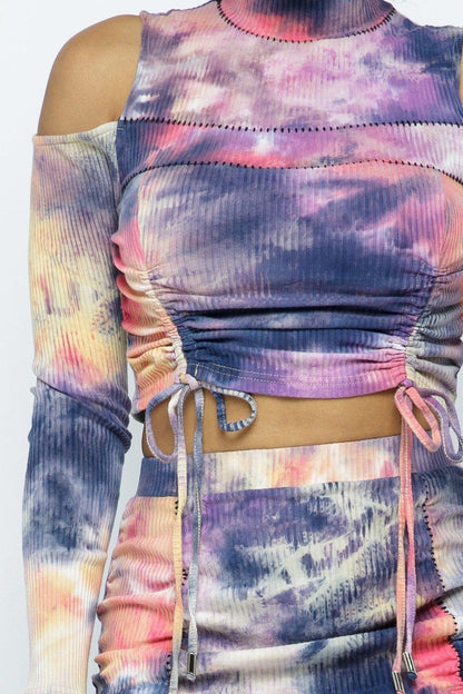 Tie Dye Cold Shoulder Top And Ruching Detail Skirt - Jus Fancee Boutique