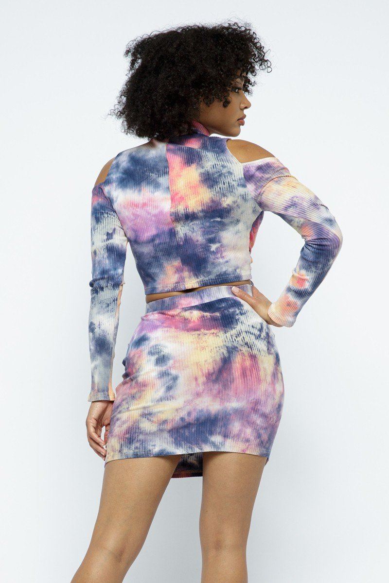 Tie Dye Cold Shoulder Top And Ruching Detail Skirt - Jus Fancee Boutique