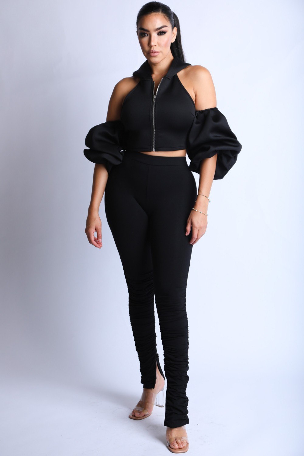 Open Shoulder Puff Sleeve Hoodie Set - Jus Fancee Boutique