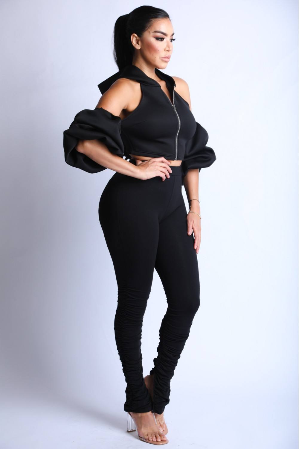 Open Shoulder Puff Sleeve Hoodie Set - Jus Fancee Boutique