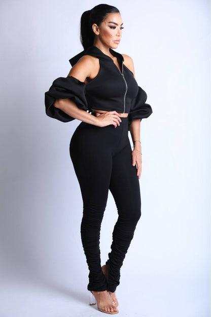 Open Shoulder Puff Sleeve Hoodie Set - Jus Fancee Boutique