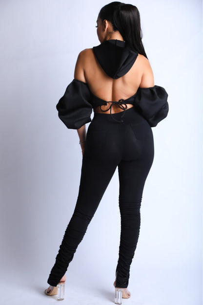Open Shoulder Puff Sleeve Hoodie Set - Jus Fancee Boutique