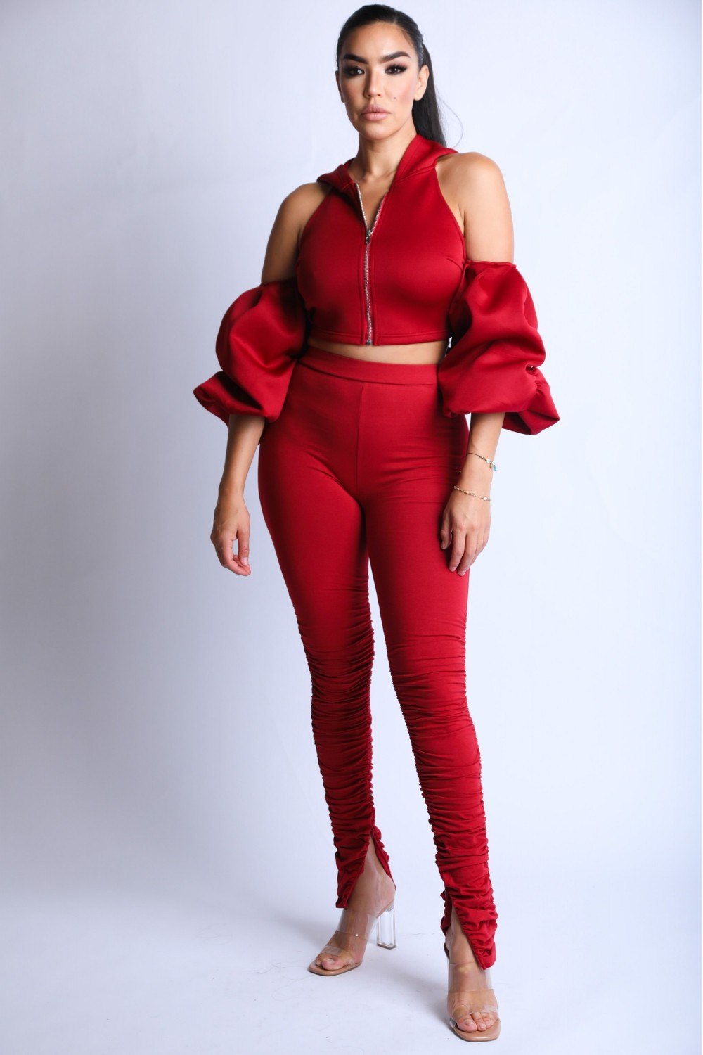 Open Shoulder Puff Sleeve Hoodie Set - Jus Fancee Boutique