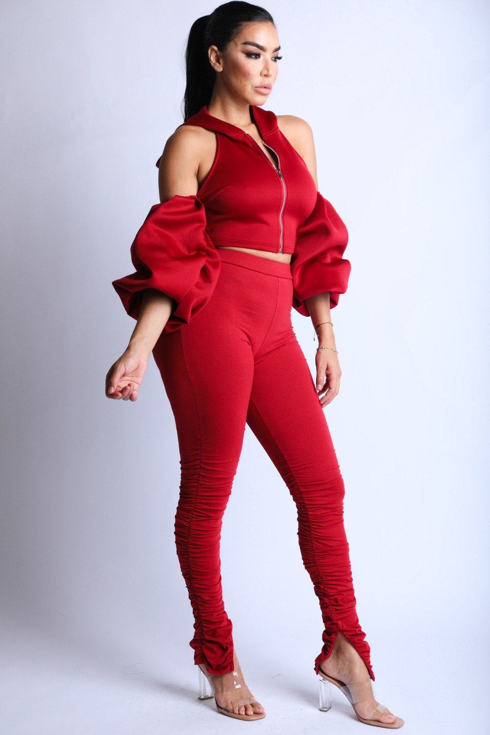 Open Shoulder Puff Sleeve Hoodie Set - Jus Fancee Boutique