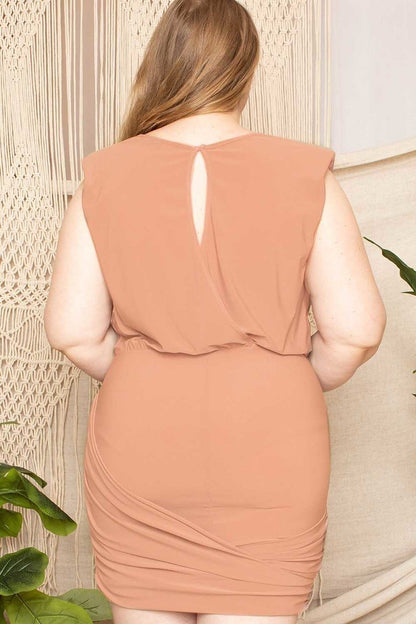KEYHOLE BACK WITH BUTTON CLOSURE NECK Shirring Mini Dress