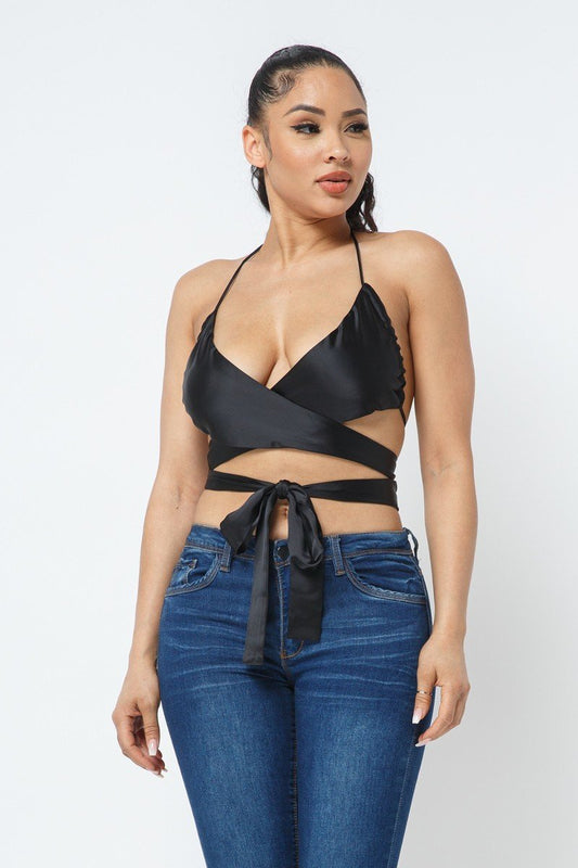 Black Wrap Around Satin Top - Jus Fancee Boutique