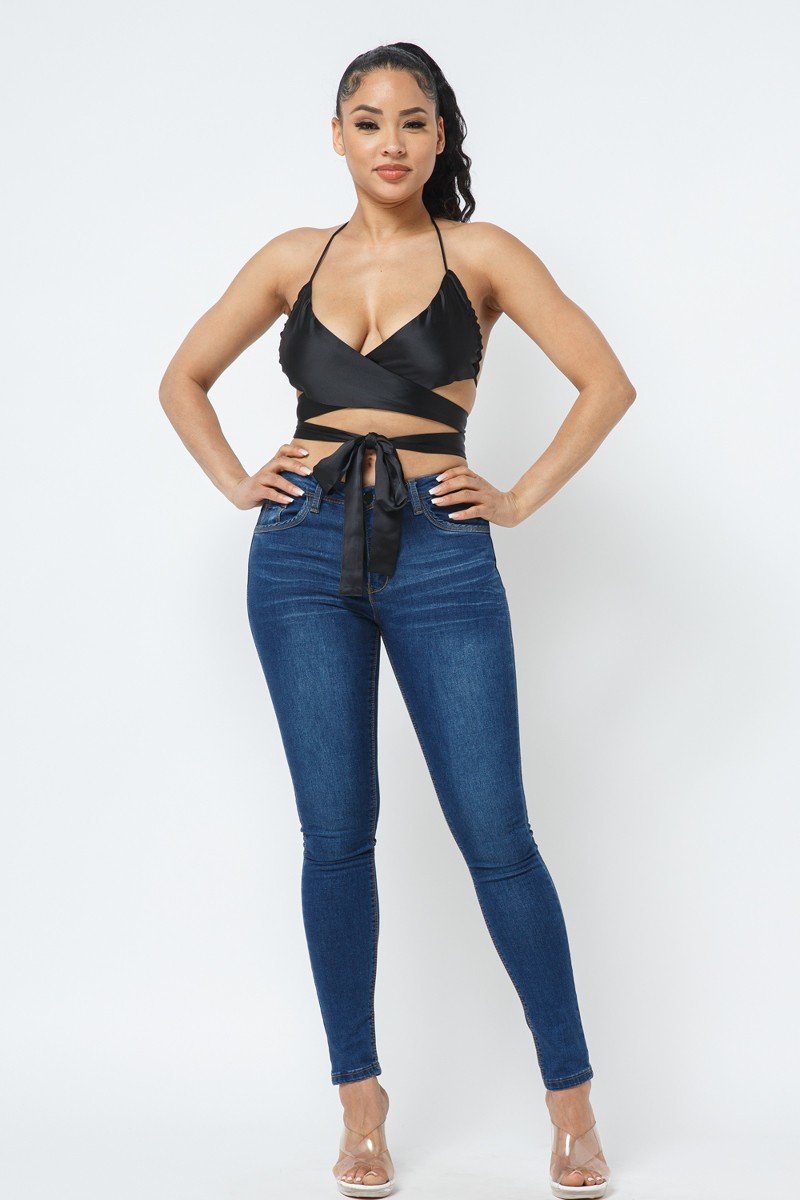 Black Wrap Around Satin Top - Jus Fancee Boutique