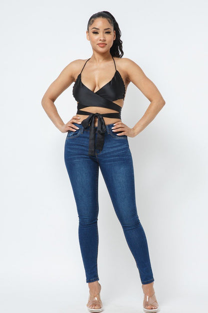 Black Wrap Around Satin Top - Jus Fancee Boutique