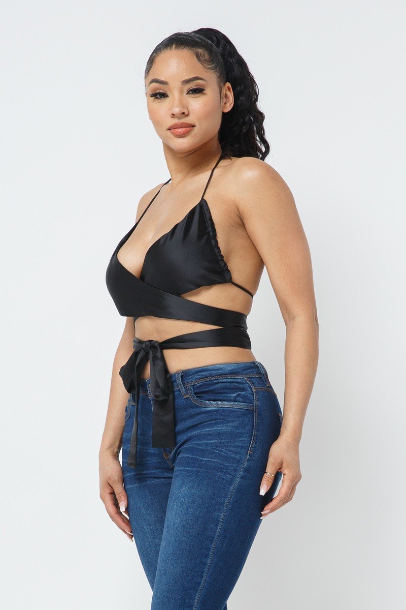 Black Wrap Around Satin Top - Jus Fancee Boutique