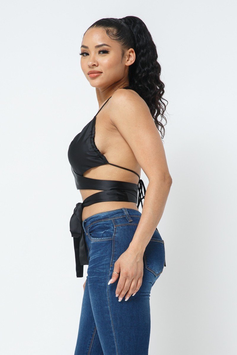 Black Wrap Around Satin Top - Jus Fancee Boutique