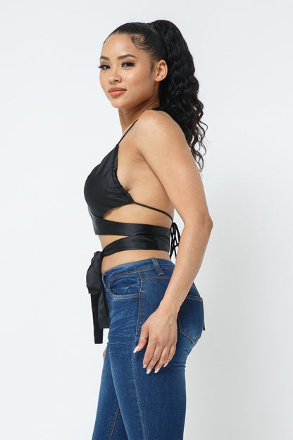 Black Wrap Around Satin Top - Jus Fancee Boutique