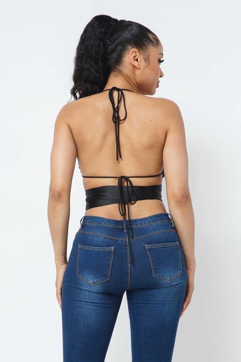 Black Wrap Around Satin Top - Jus Fancee Boutique
