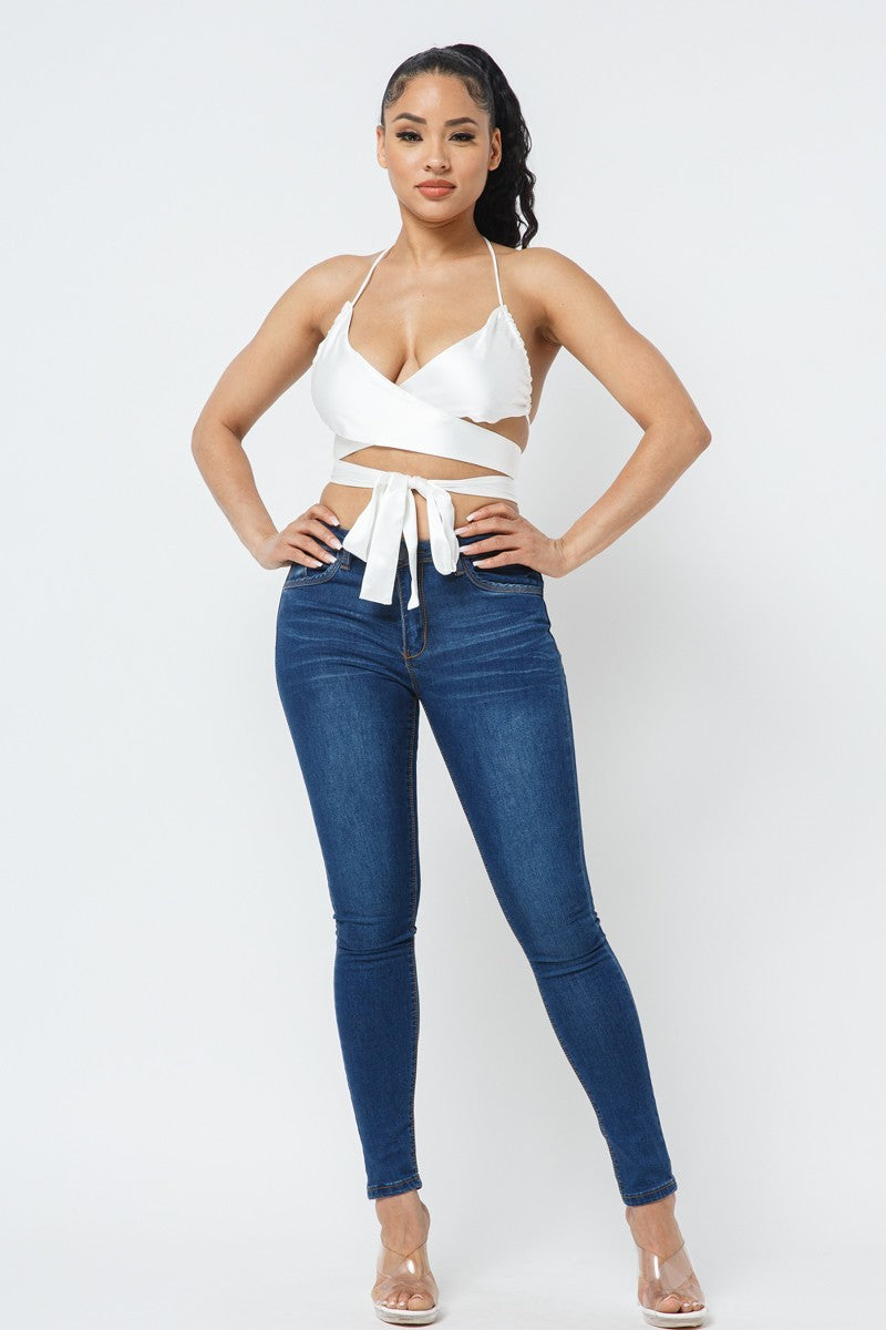 White Wrap Around Satin Top - Jus Fancee Boutique