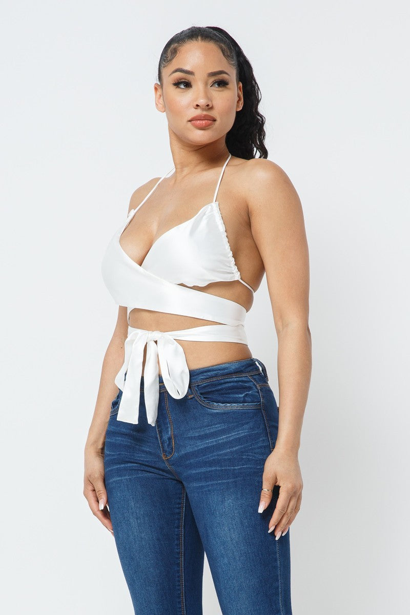 White Wrap Around Satin Top - Jus Fancee Boutique