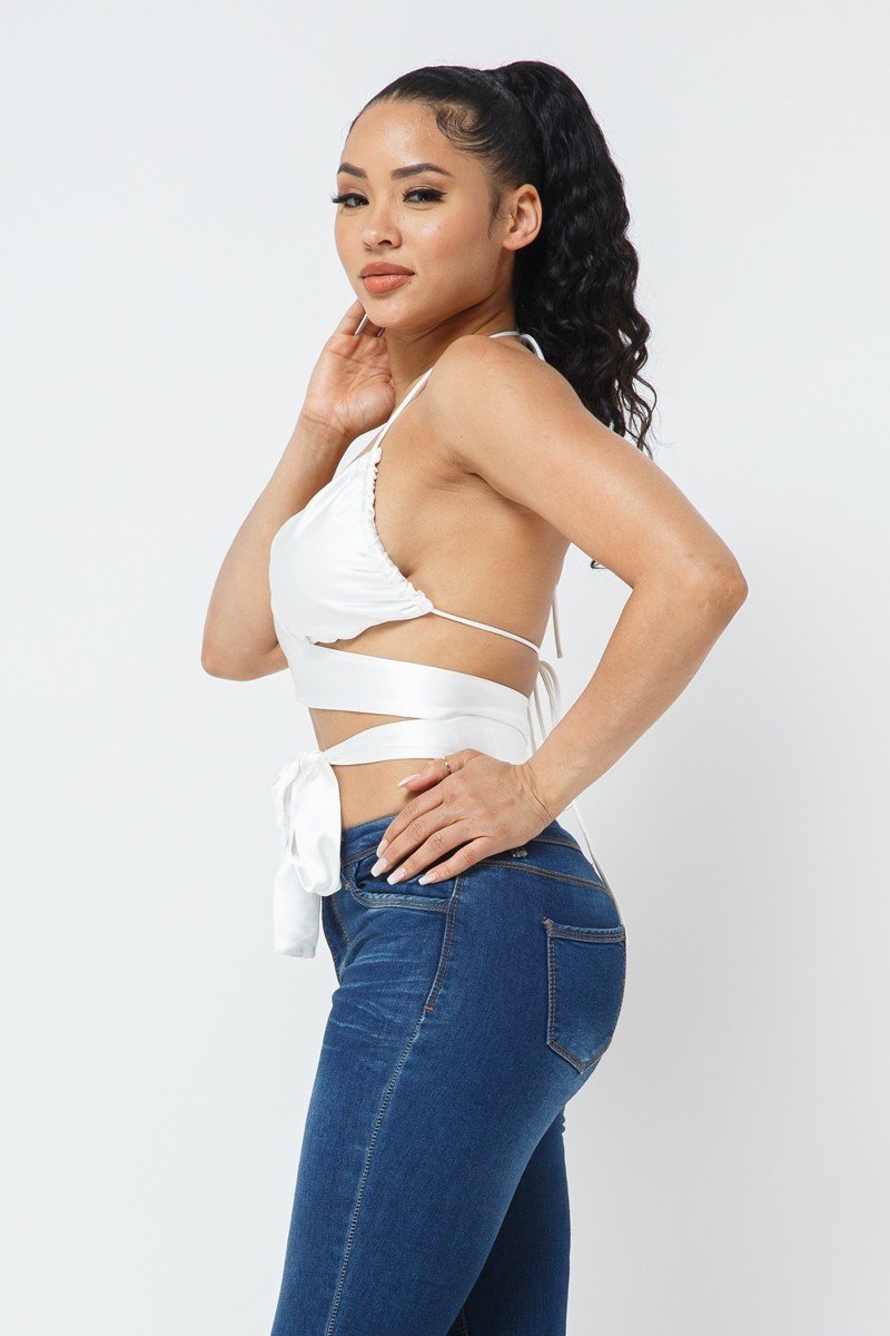 White Wrap Around Satin Top - Jus Fancee Boutique