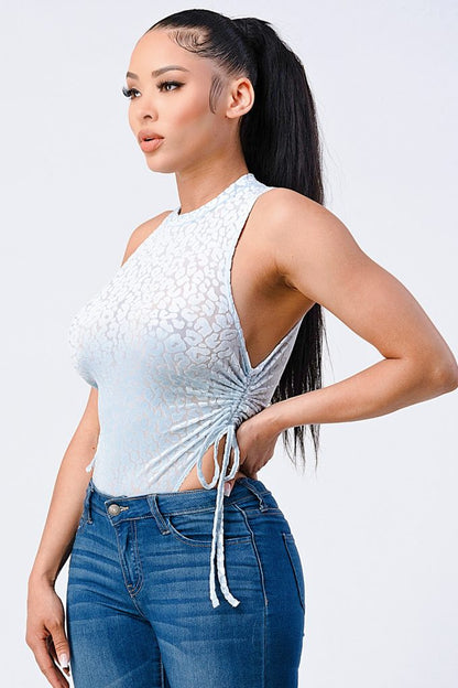 Velvet Leopard Side Shirring Extreme Cut Bodysuit - Jus Fancee Boutique