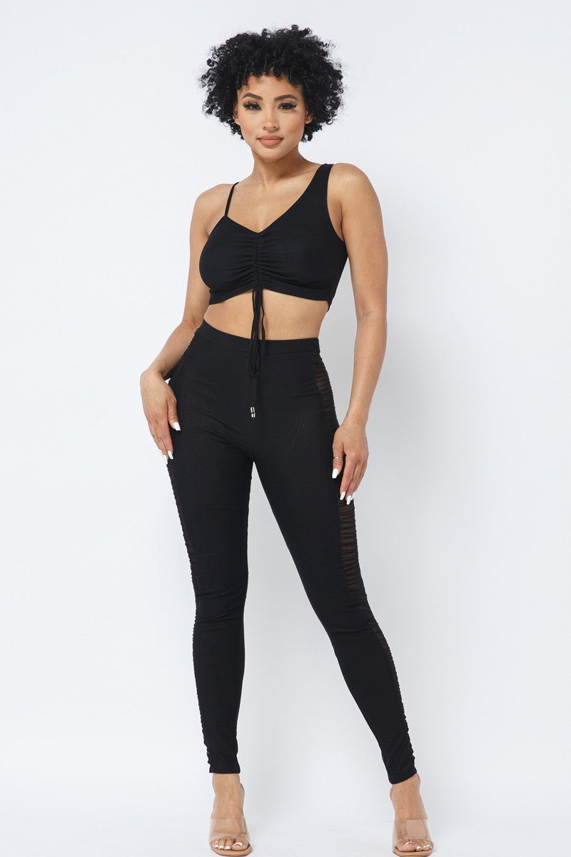 Ruched Crop Top & See Through Side of Leggings Pants Set