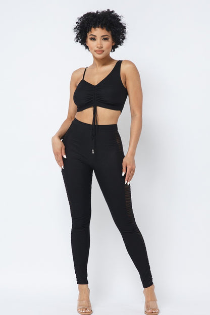 Ruched Crop Top & See Through Side of Leggings Pants Set