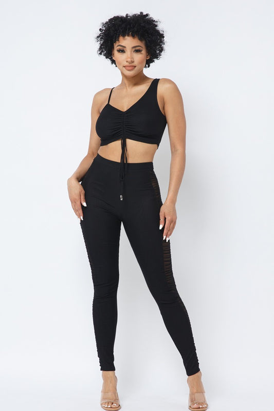 Ruched Crop Top & See Through Side of Leggings Pants Set