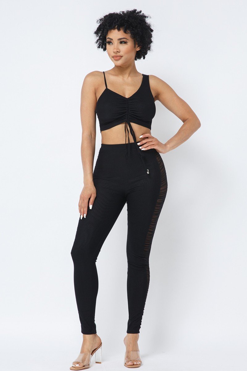 Ruched Crop Top & See Through Side of Leggings Pants Set