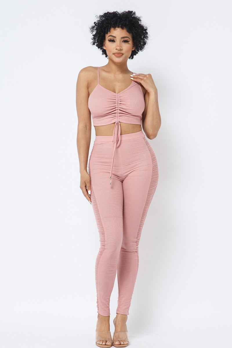 Ruched Crop Top & See Through Side of Leggings Pants Set