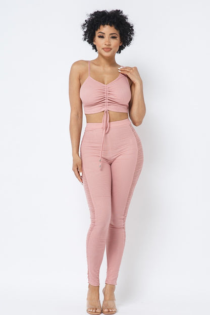 Ruched Crop Top & See Through Side of Leggings Pants Set