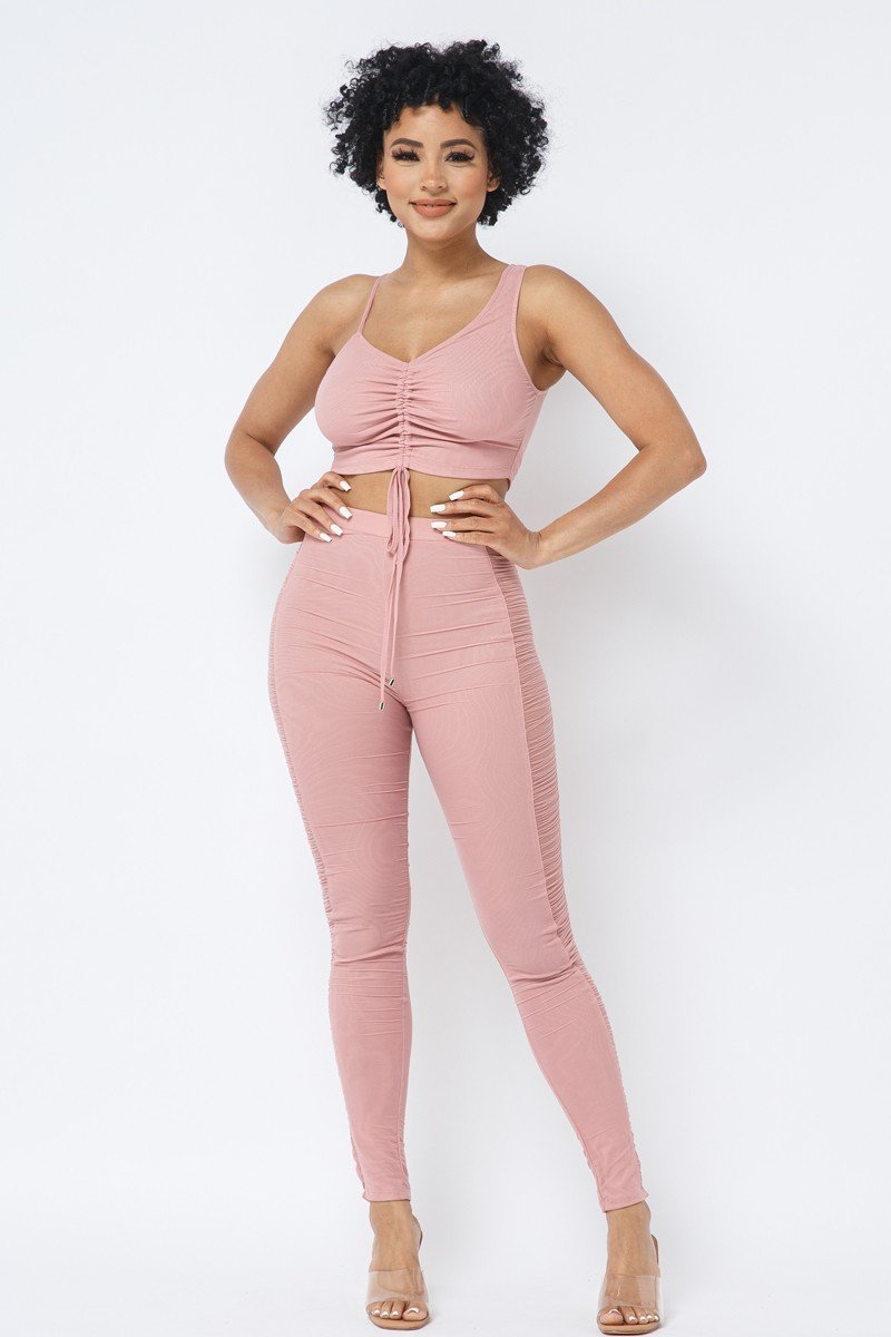 Ruched Crop Top & See Through Side of Leggings Pants Set