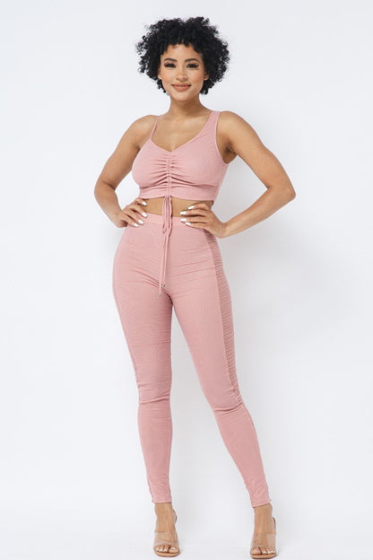 Ruched Crop Top & See Through Side of Leggings Pants Set