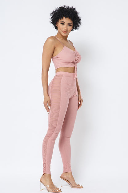 Ruched Crop Top & See Through Side of Leggings Pants Set