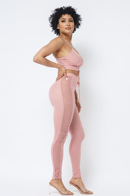 Ruched Crop Top & See Through Side of Leggings Pants Set