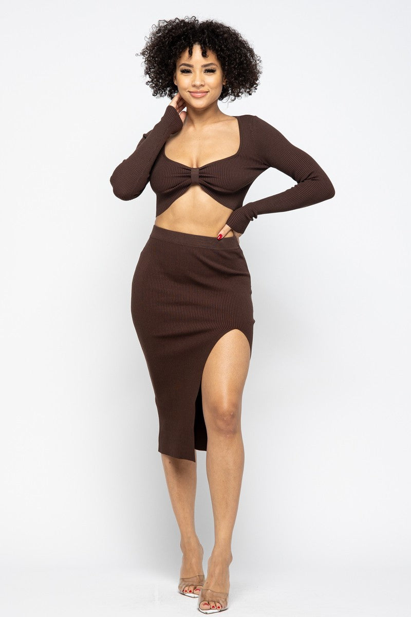 Long Sleeve Top and High Slit Skirt Set
