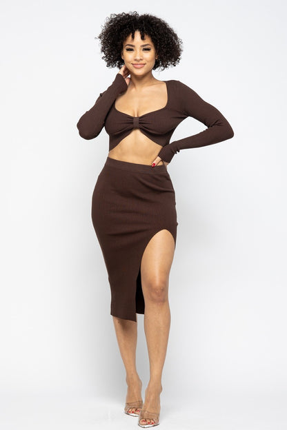 Long Sleeve Top and High Slit Skirt Set