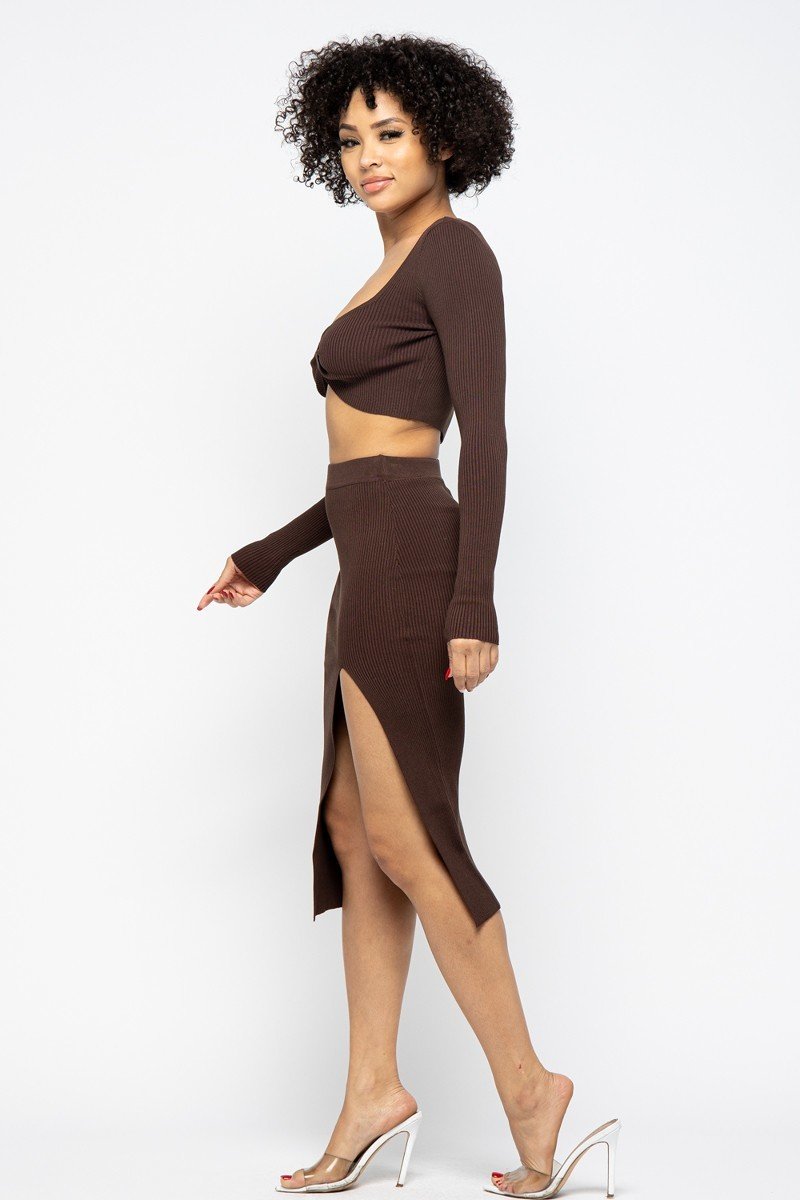 Long Sleeve Top and High Slit Skirt Set