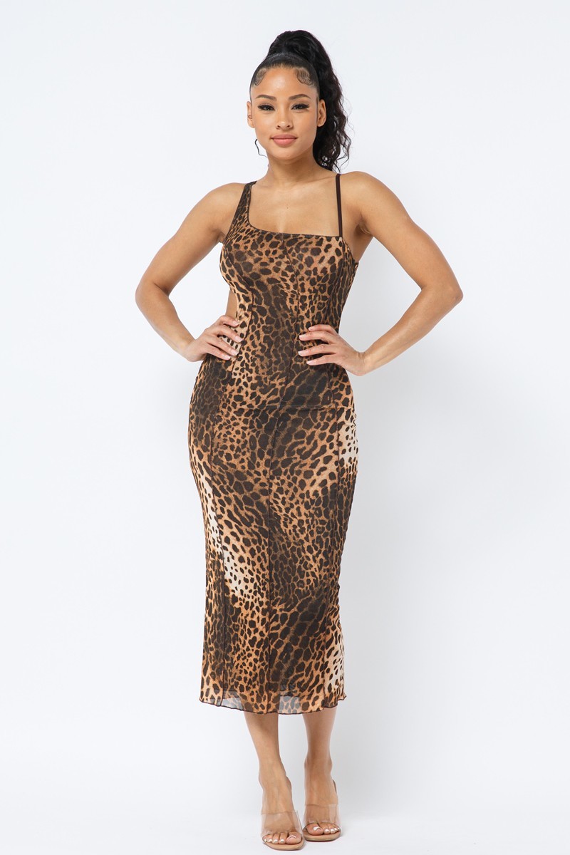 Animal Print Waist Side Cut Outs Midi Dress