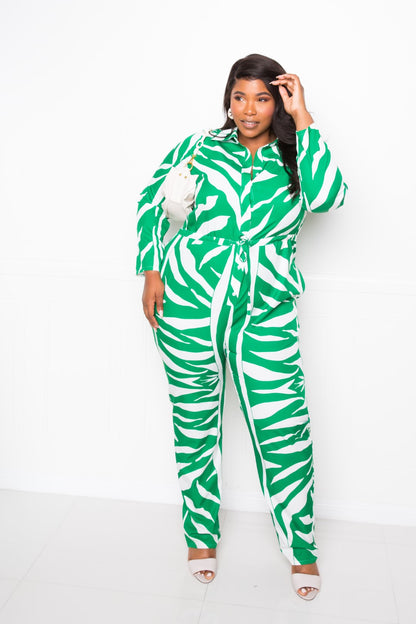 Plus Striped Long Sleeve Green/White Jumpsuit